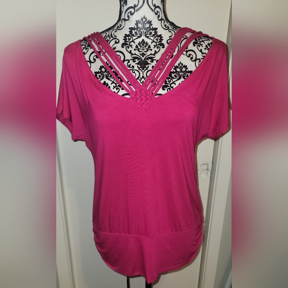 Cable & Gauge Petite Fuchsia Short Sleeve Top Braided Detail New With Tags Large